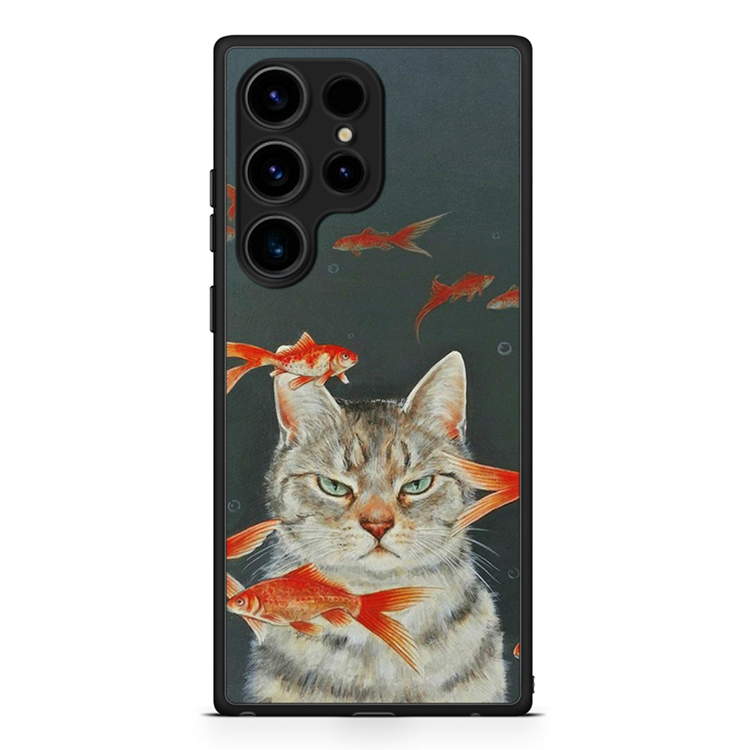 Samsung Galaxy S25 Ultra Cat Goldfish θήκη από τη Smartfits με σχέδιο στο πίσω μέρος και μαύρο περίβλημα | Smartphone case with colorful back and black bezels by Smartfits