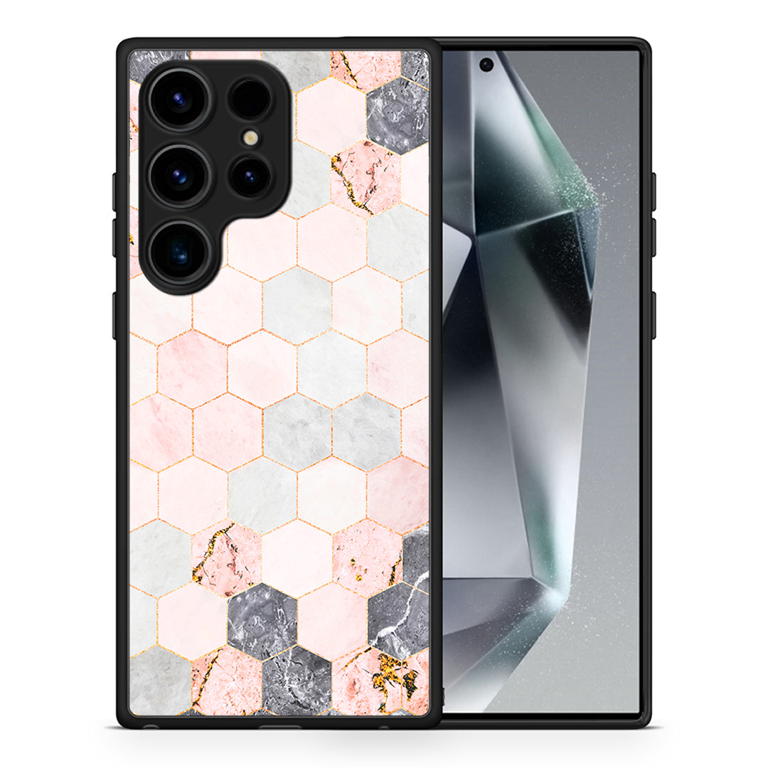 Θήκη Samsung Galaxy S25 Ultra Hexagon Pink Marble από τη Smartfits με σχέδιο στο πίσω μέρος και μαύρο περίβλημα | Samsung Galaxy S25 Ultra Hexagon Pink Marble case with colorful back and black bezels