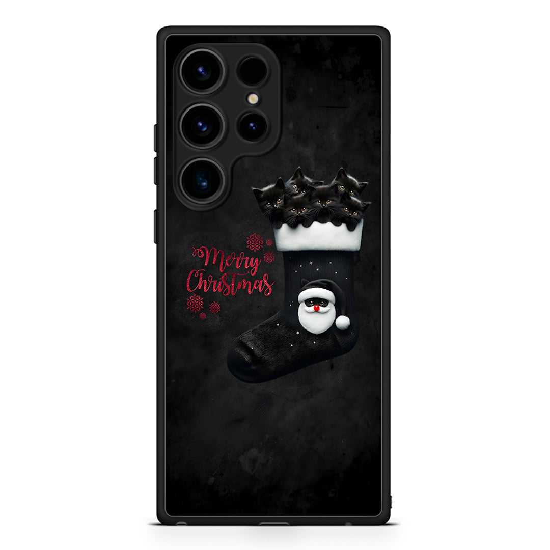 Samsung Galaxy S25 Ultra Merry Cat Christmas θήκη από τη Smartfits με σχέδιο στο πίσω μέρος και μαύρο περίβλημα | Smartphone case with colorful back and black bezels by Smartfits