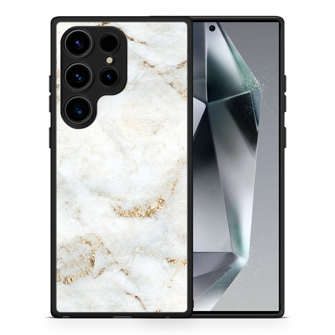 Θήκη Samsung Galaxy S25 Ultra White Gold Marble από τη Smartfits με σχέδιο στο πίσω μέρος και μαύρο περίβλημα | Samsung Galaxy S25 Ultra White Gold Marble case with colorful back and black bezels