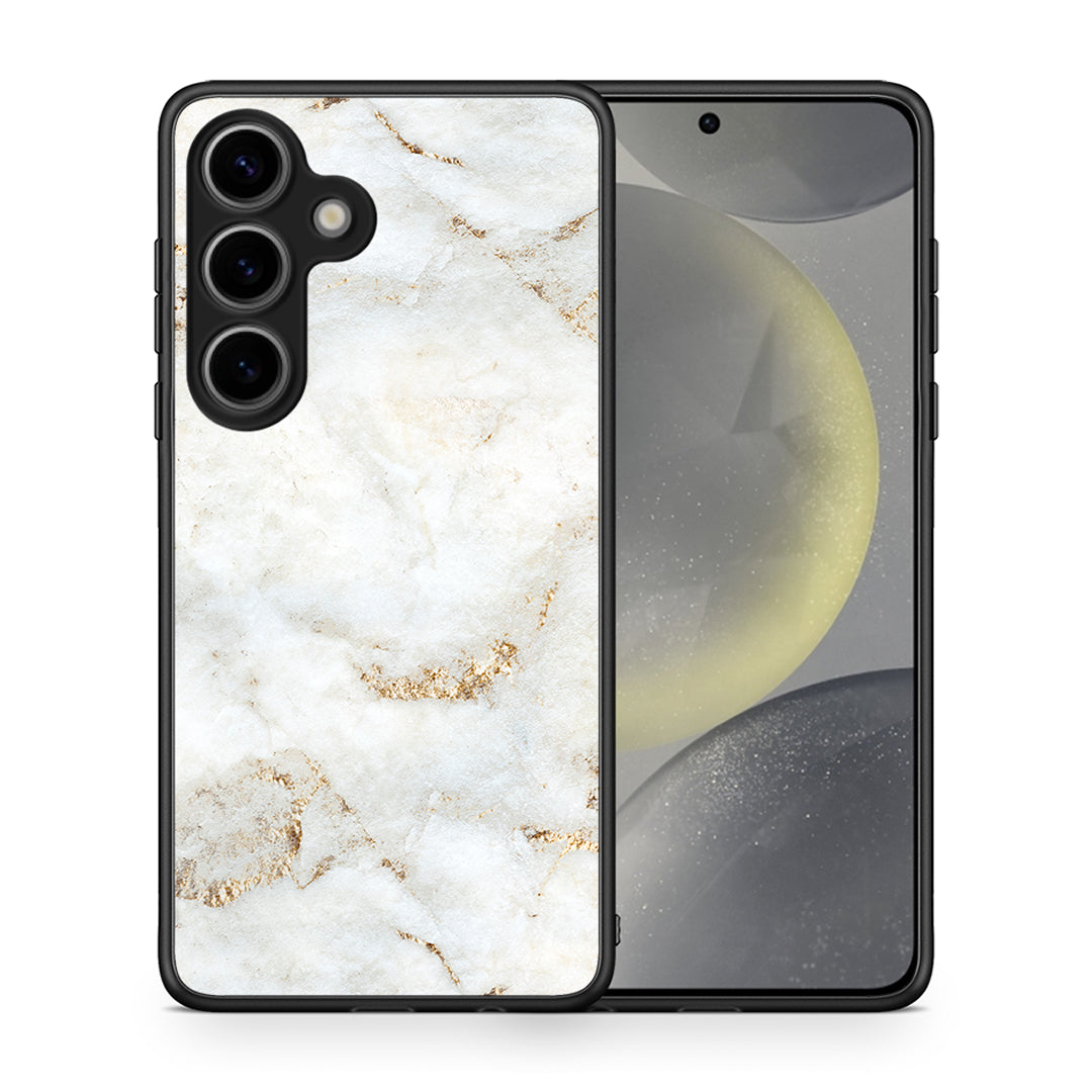 Θήκη Samsung Galaxy S25 White Gold Marble από τη Smartfits με σχέδιο στο πίσω μέρος και μαύρο περίβλημα | Samsung Galaxy S25 White Gold Marble case with colorful back and black bezels