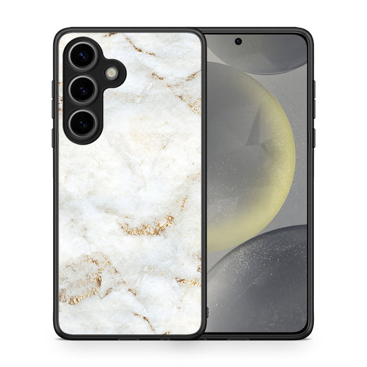 Θήκη Samsung Galaxy S25 White Gold Marble από τη Smartfits με σχέδιο στο πίσω μέρος και μαύρο περίβλημα | Samsung Galaxy S25 White Gold Marble case with colorful back and black bezels