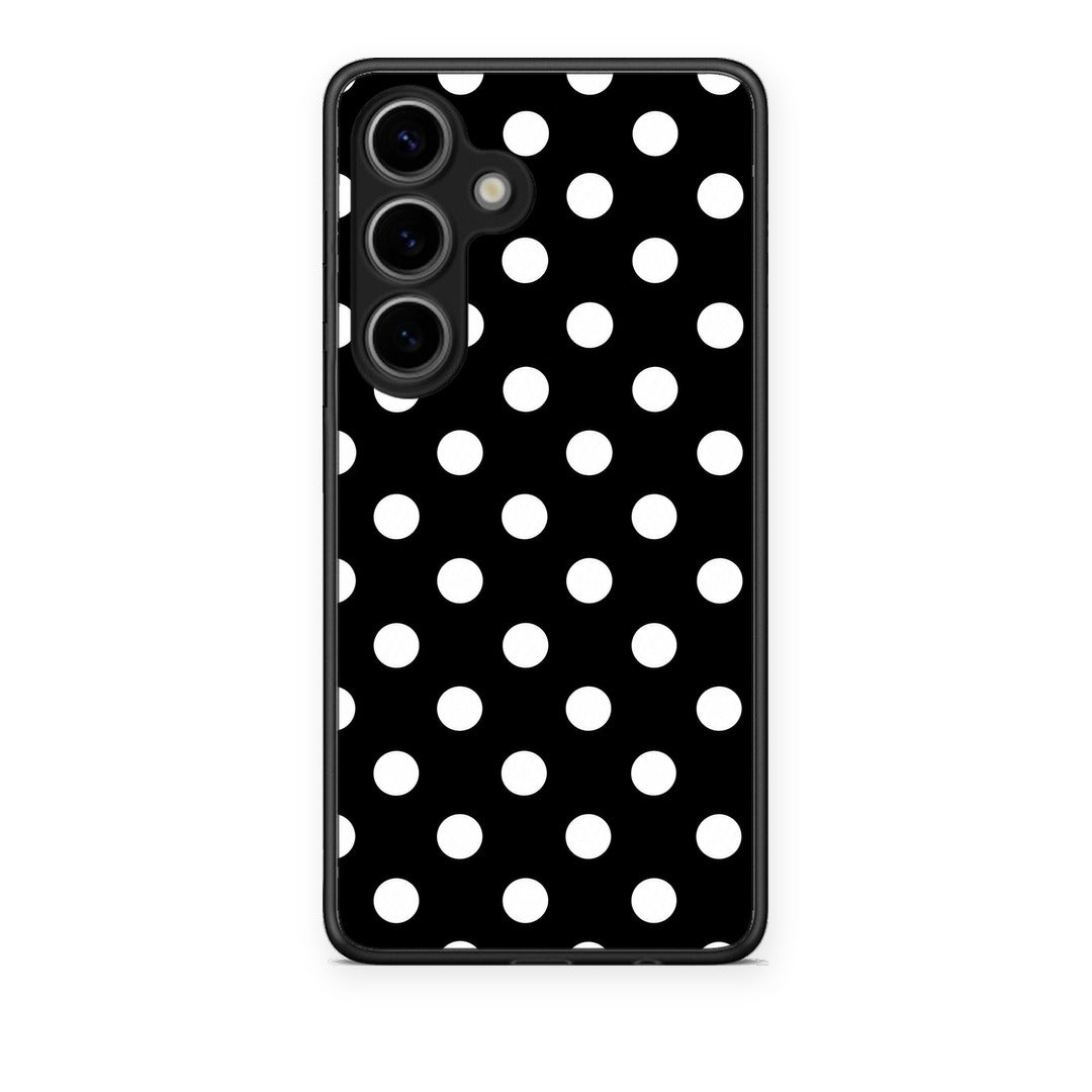Θήκη Samsung Galaxy S25 White Polka Dots on Black από τη Smartfits με σχέδιο στο πίσω μέρος και μαύρο περίβλημα | Samsung Galaxy S25 White Polka Dots on Black case with colorful back and black bezels