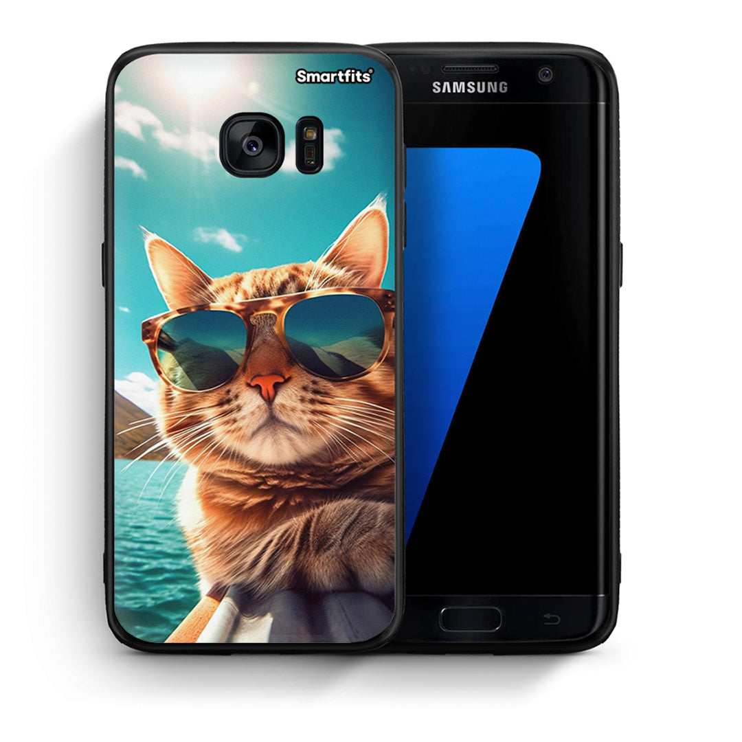 Θήκη Samsung S7 Edge Summer Cat από τη Smartfits με σχέδιο στο πίσω μέρος και μαύρο περίβλημα | Samsung S7 Edge Summer Cat case with colorful back and black bezels