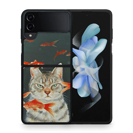 Θήκη Samsung Galaxy Z Flip4 Cat Goldfish από τη Smartfits με σχέδιο στο πίσω μέρος και μαύρο περίβλημα | Samsung Galaxy Z Flip4 Cat Goldfish case with colorful back and black bezels