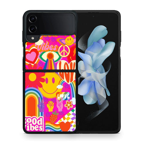 Θήκη Samsung Galaxy Z Flip4 Hippie Love από τη Smartfits με σχέδιο στο πίσω μέρος και μαύρο περίβλημα | Samsung Galaxy Z Flip4 Hippie Love case with colorful back and black bezels