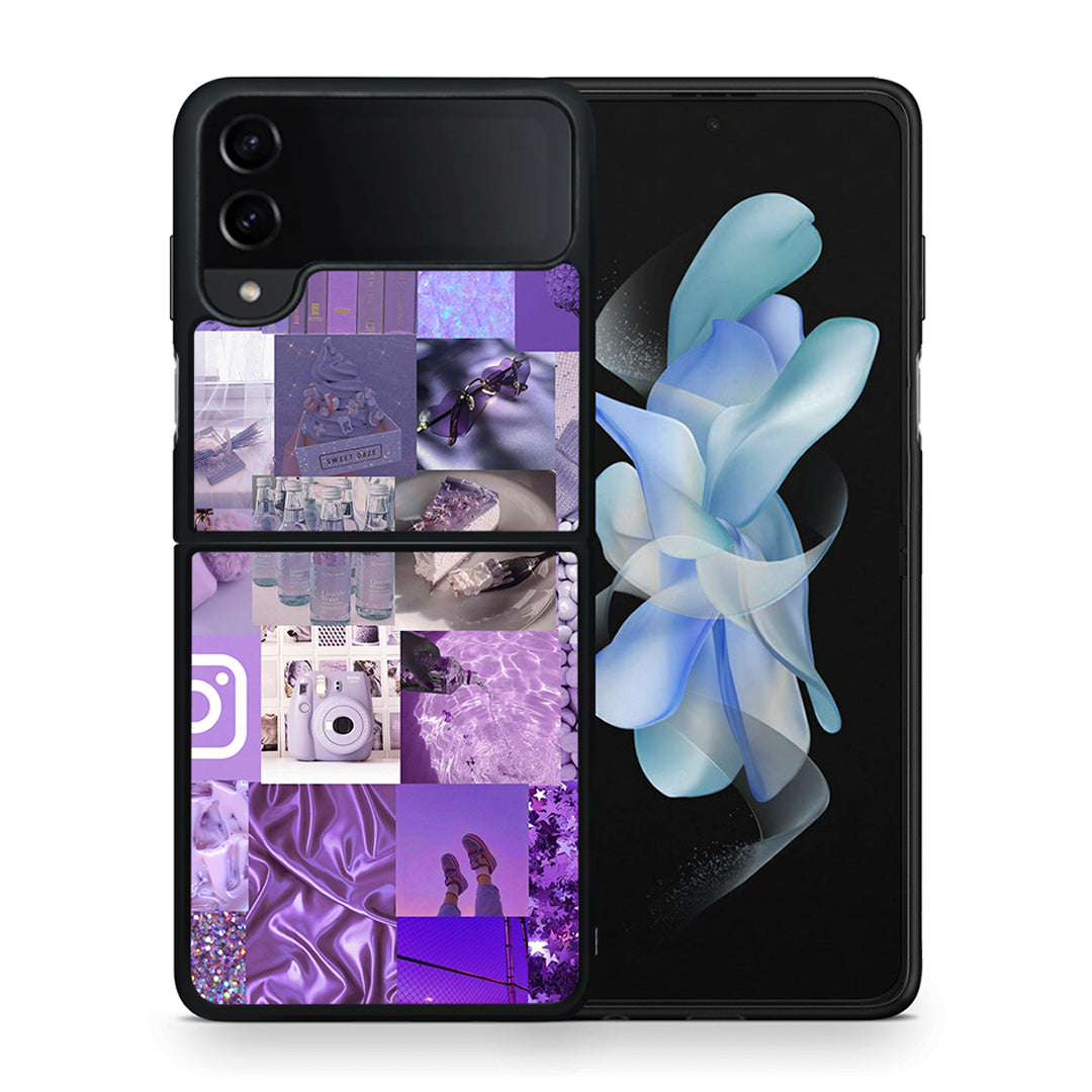 Θήκη Samsung Galaxy Z Flip4 Purple Aesthetic Collage από τη Smartfits με σχέδιο στο πίσω μέρος και μαύρο περίβλημα | Samsung Galaxy Z Flip4 Purple Aesthetic Collage case with colorful back and black bezels