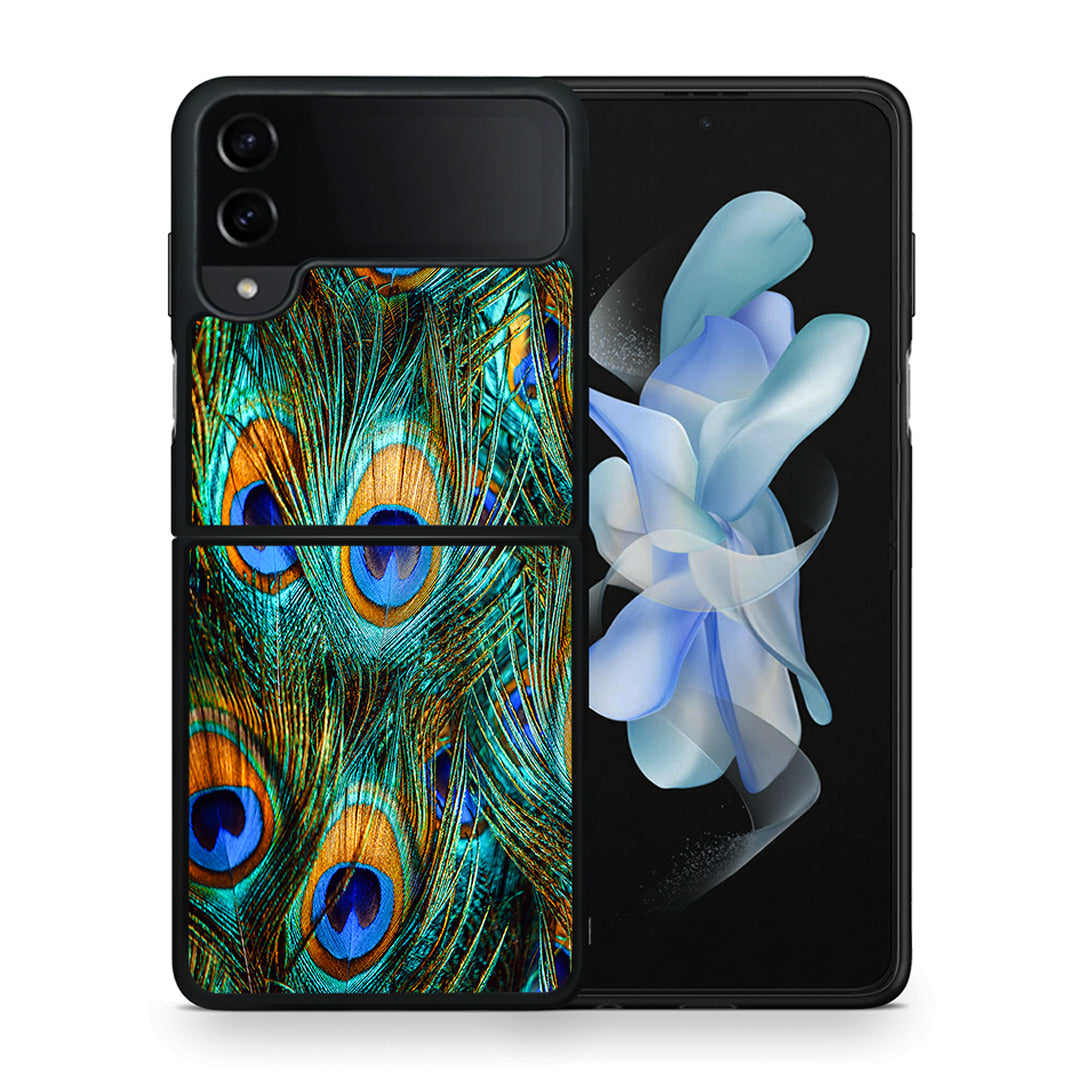 Θήκη Samsung Galaxy Z Flip4 Real Peacock Feathers από τη Smartfits με σχέδιο στο πίσω μέρος και μαύρο περίβλημα | Samsung Galaxy Z Flip4 Real Peacock Feathers case with colorful back and black bezels