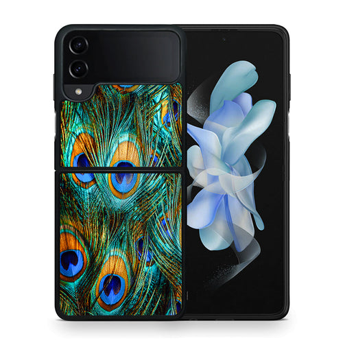 Θήκη Samsung Galaxy Z Flip4 Real Peacock Feathers από τη Smartfits με σχέδιο στο πίσω μέρος και μαύρο περίβλημα | Samsung Galaxy Z Flip4 Real Peacock Feathers case with colorful back and black bezels