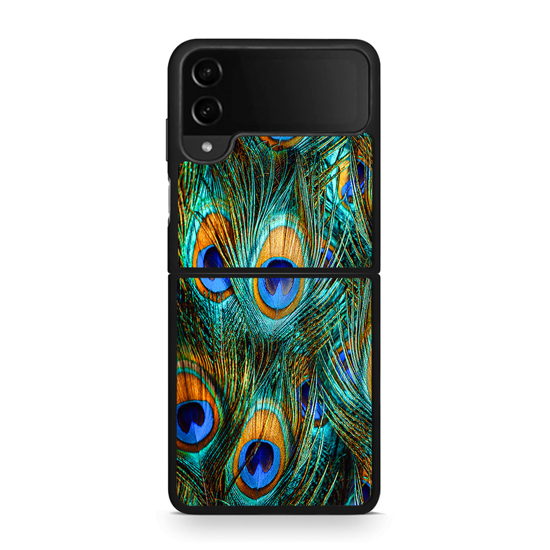 Samsung Galaxy Z Flip4 Real Peacock Feathers θήκη από τη Smartfits με σχέδιο στο πίσω μέρος και μαύρο περίβλημα | Smartphone case with colorful back and black bezels by Smartfits