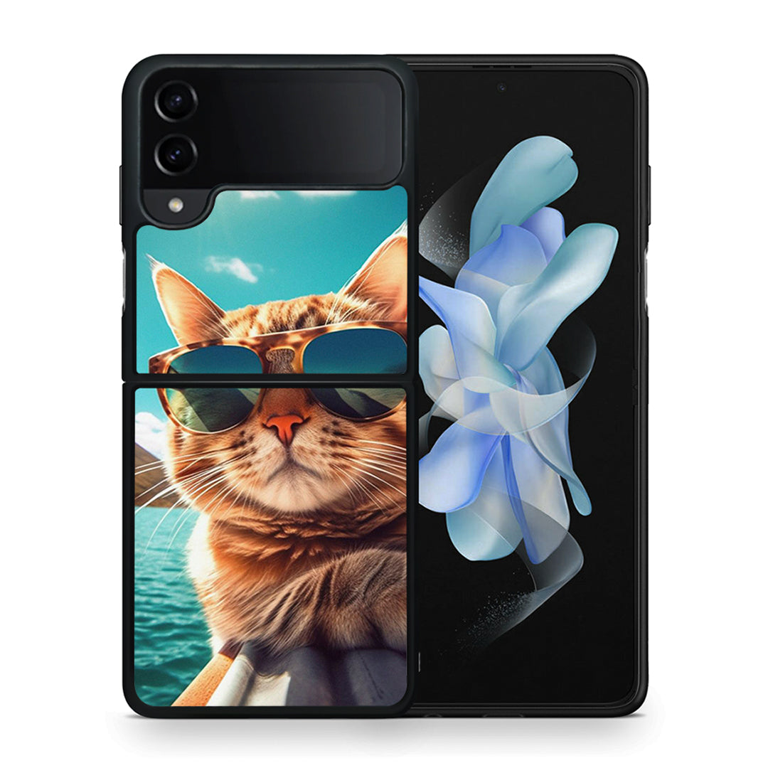 Θήκη Samsung Galaxy Z Flip4 Summer Cat από τη Smartfits με σχέδιο στο πίσω μέρος και μαύρο περίβλημα | Samsung Galaxy Z Flip4 Summer Cat case with colorful back and black bezels