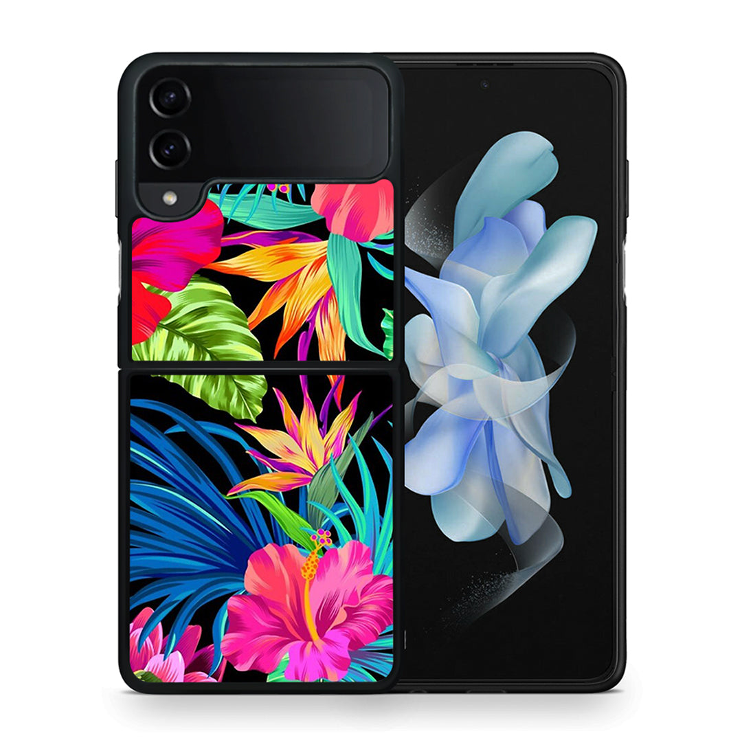 Θήκη Samsung Galaxy Z Flip4 Tropical Flowers από τη Smartfits με σχέδιο στο πίσω μέρος και μαύρο περίβλημα | Samsung Galaxy Z Flip4 Tropical Flowers case with colorful back and black bezels