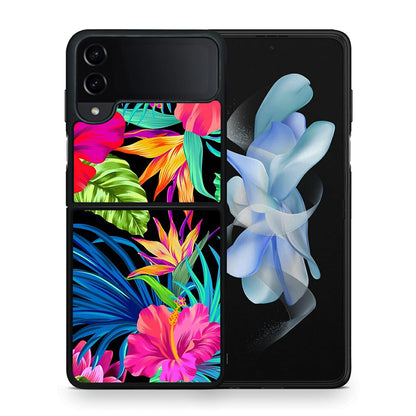 Θήκη Samsung Galaxy Z Flip4 Tropical Flowers από τη Smartfits με σχέδιο στο πίσω μέρος και μαύρο περίβλημα | Samsung Galaxy Z Flip4 Tropical Flowers case with colorful back and black bezels