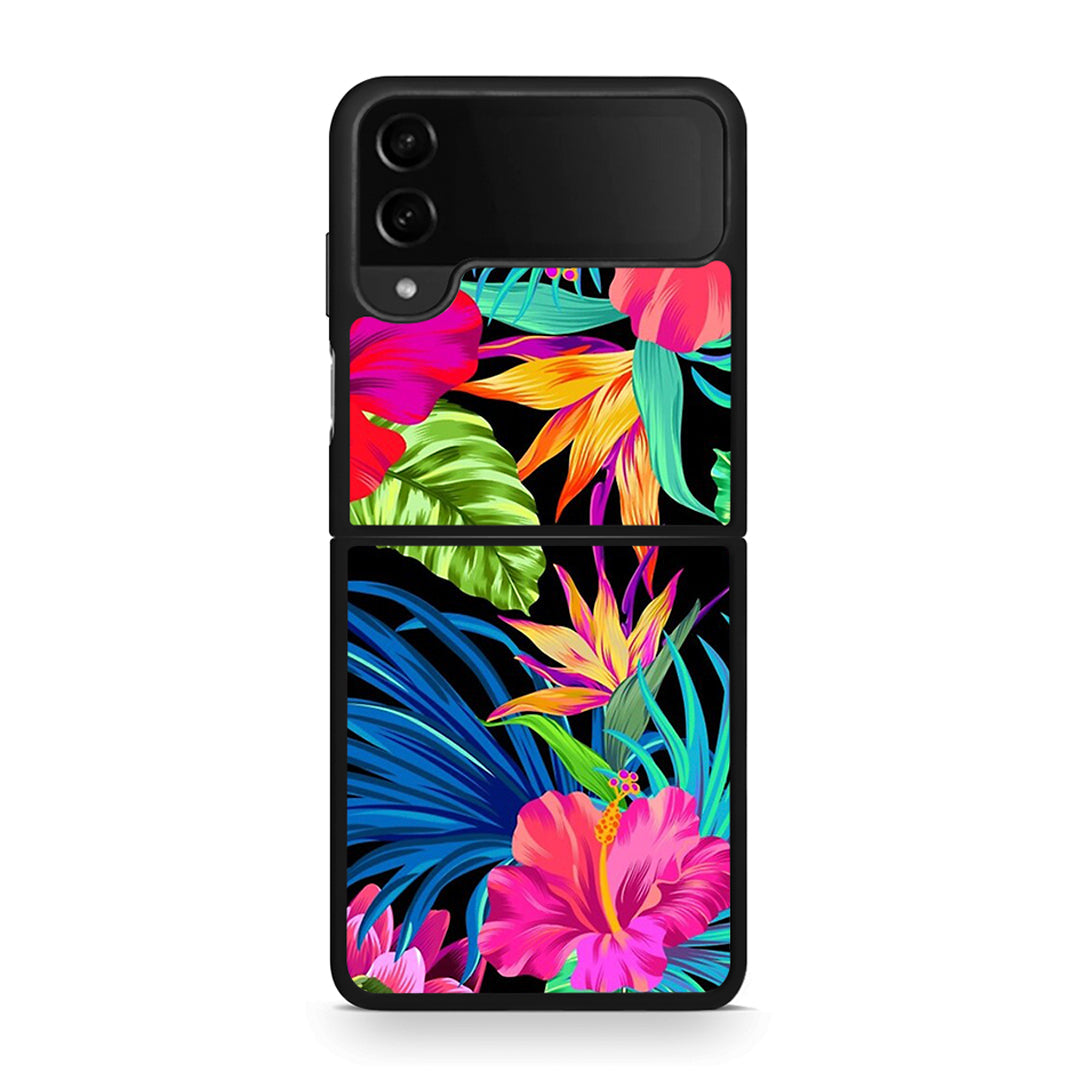 Samsung Galaxy Z Flip4 Tropical Flowers θήκη από τη Smartfits με σχέδιο στο πίσω μέρος και μαύρο περίβλημα | Smartphone case with colorful back and black bezels by Smartfits