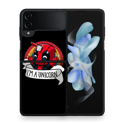 Θήκη Samsung Galaxy Z Flip4 Unicorn Deadpool από τη Smartfits με σχέδιο στο πίσω μέρος και μαύρο περίβλημα | Samsung Galaxy Z Flip4 Unicorn Deadpool case with colorful back and black bezels