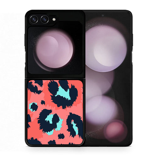 Θήκη Samsung Galaxy Z Flip5 Pink Leopard Animal από τη Smartfits με σχέδιο στο πίσω μέρος και μαύρο περίβλημα | Samsung Galaxy Z Flip5 Pink Leopard Animal case with colorful back and black bezels
