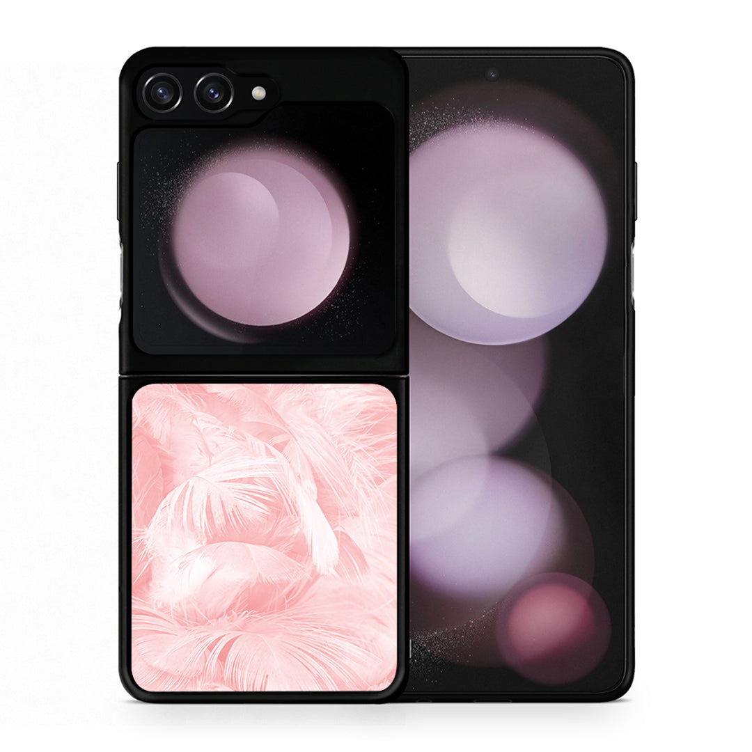 Θήκη Samsung Galaxy Z Flip5 Pink Feather Boho από τη Smartfits με σχέδιο στο πίσω μέρος και μαύρο περίβλημα | Samsung Galaxy Z Flip5 Pink Feather Boho case with colorful back and black bezels