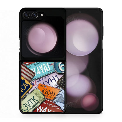 Θήκη Samsung Galaxy Z Flip5 Car Plates από τη Smartfits με σχέδιο στο πίσω μέρος και μαύρο περίβλημα | Samsung Galaxy Z Flip5 Car Plates case with colorful back and black bezels