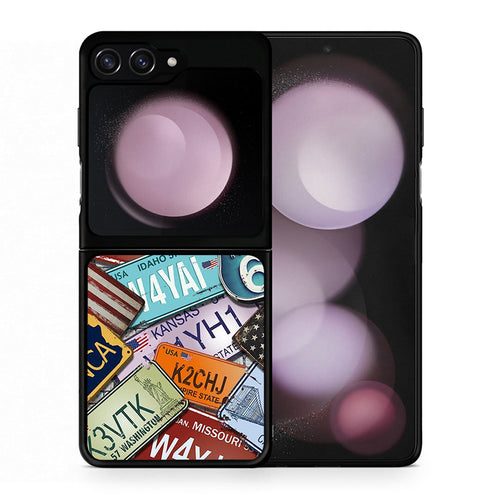 Θήκη Samsung Galaxy Z Flip5 Car Plates από τη Smartfits με σχέδιο στο πίσω μέρος και μαύρο περίβλημα | Samsung Galaxy Z Flip5 Car Plates case with colorful back and black bezels