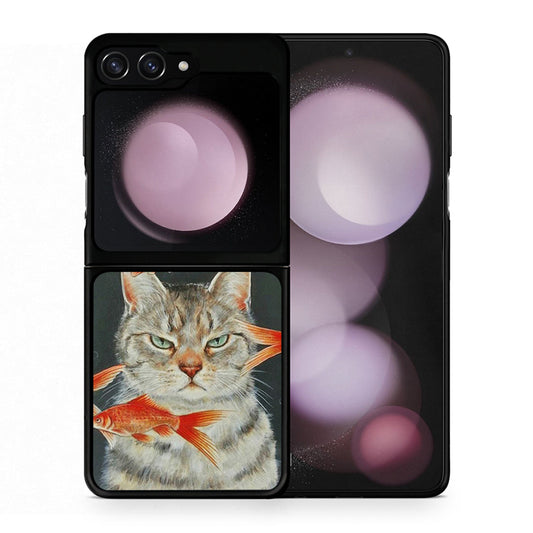 Θήκη Samsung Galaxy Z Flip5 Cat Goldfish από τη Smartfits με σχέδιο στο πίσω μέρος και μαύρο περίβλημα | Samsung Galaxy Z Flip5 Cat Goldfish case with colorful back and black bezels