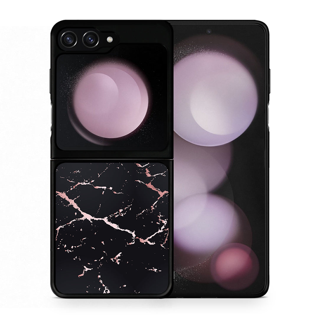 Θήκη Samsung Galaxy Z Flip5 Black Rosegold Marble από τη Smartfits με σχέδιο στο πίσω μέρος και μαύρο περίβλημα | Samsung Galaxy Z Flip5 Black Rosegold Marble case with colorful back and black bezels