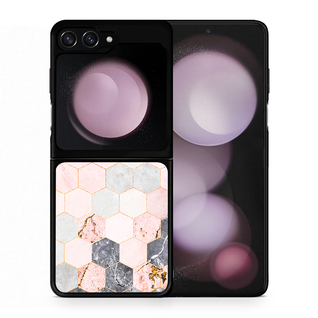 Θήκη Samsung Galaxy Z Flip5 Hexagon Pink Marble από τη Smartfits με σχέδιο στο πίσω μέρος και μαύρο περίβλημα | Samsung Galaxy Z Flip5 Hexagon Pink Marble case with colorful back and black bezels
