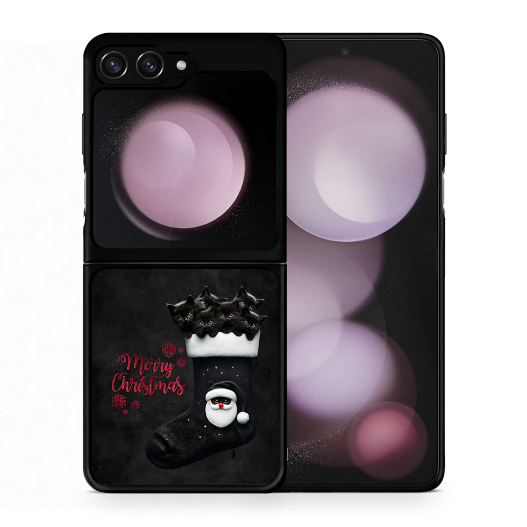 Θήκη Samsung Galaxy Z Flip5 Merry Cat Christmas από τη Smartfits με σχέδιο στο πίσω μέρος και μαύρο περίβλημα | Samsung Galaxy Z Flip5 Merry Cat Christmas case with colorful back and black bezels