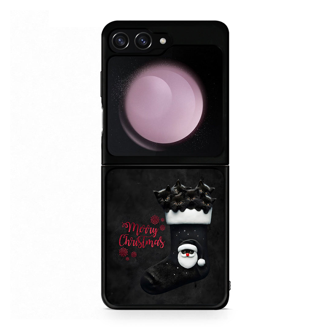 Samsung Galaxy Z Flip5 Merry Cat Christmas θήκη από τη Smartfits με σχέδιο στο πίσω μέρος και μαύρο περίβλημα | Smartphone case with colorful back and black bezels by Smartfits