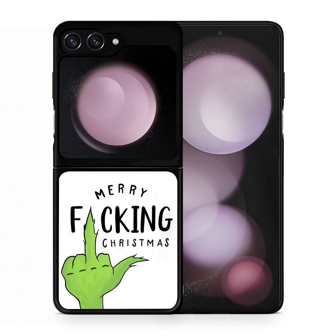 Θήκη Samsung Galaxy Z Flip5 Merry F Xmas από τη Smartfits με σχέδιο στο πίσω μέρος και μαύρο περίβλημα | Samsung Galaxy Z Flip5 Merry F Xmas case with colorful back and black bezels