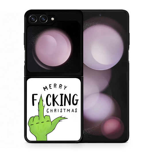 Θήκη Samsung Galaxy Z Flip5 Merry F Xmas από τη Smartfits με σχέδιο στο πίσω μέρος και μαύρο περίβλημα | Samsung Galaxy Z Flip5 Merry F Xmas case with colorful back and black bezels