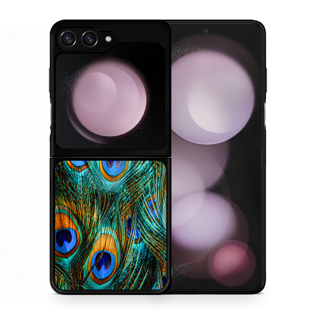 Θήκη Samsung Galaxy Z Flip5 Real Peacock Feathers από τη Smartfits με σχέδιο στο πίσω μέρος και μαύρο περίβλημα | Samsung Galaxy Z Flip5 Real Peacock Feathers case with colorful back and black bezels