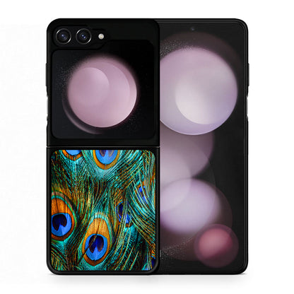 Θήκη Samsung Galaxy Z Flip5 Real Peacock Feathers από τη Smartfits με σχέδιο στο πίσω μέρος και μαύρο περίβλημα | Samsung Galaxy Z Flip5 Real Peacock Feathers case with colorful back and black bezels