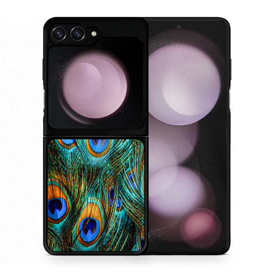 Θήκη Samsung Galaxy Z Flip5 Real Peacock Feathers από τη Smartfits με σχέδιο στο πίσω μέρος και μαύρο περίβλημα | Samsung Galaxy Z Flip5 Real Peacock Feathers case with colorful back and black bezels
