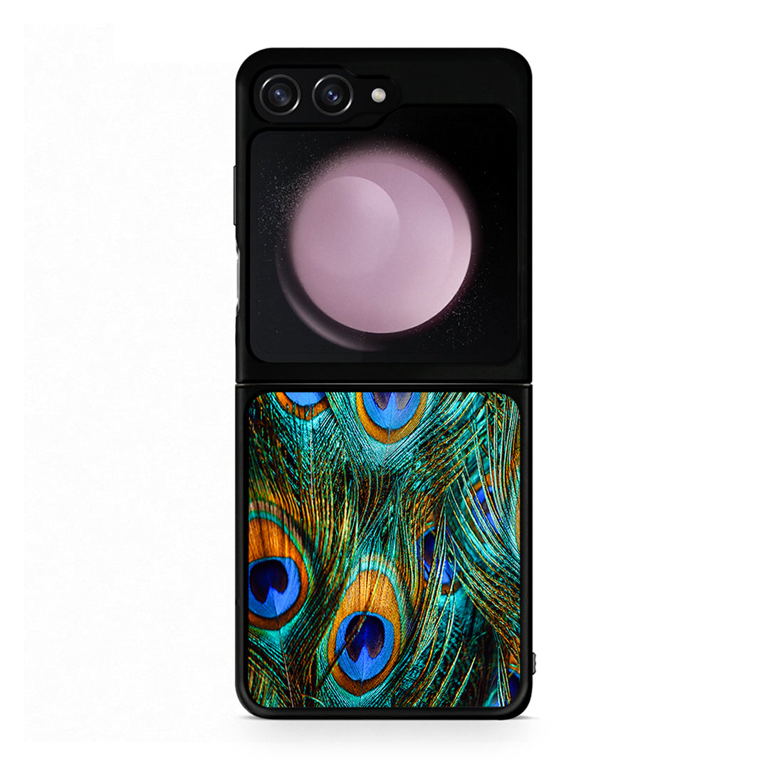 Samsung Galaxy Z Flip5 Real Peacock Feathers θήκη από τη Smartfits με σχέδιο στο πίσω μέρος και μαύρο περίβλημα | Smartphone case with colorful back and black bezels by Smartfits