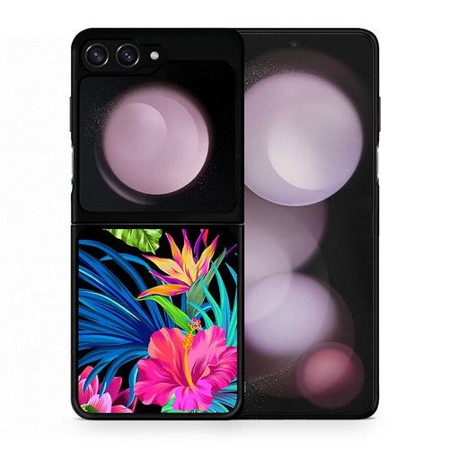 Θήκη Samsung Galaxy Z Flip5 Tropical Flowers από τη Smartfits με σχέδιο στο πίσω μέρος και μαύρο περίβλημα | Samsung Galaxy Z Flip5 Tropical Flowers case with colorful back and black bezels
