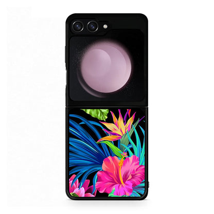 Samsung Galaxy Z Flip5 Tropical Flowers θήκη από τη Smartfits με σχέδιο στο πίσω μέρος και μαύρο περίβλημα | Smartphone case with colorful back and black bezels by Smartfits