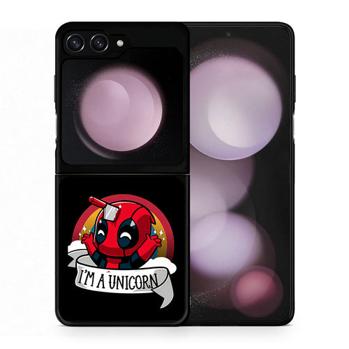 Θήκη Samsung Galaxy Z Flip5 Unicorn Deadpool από τη Smartfits με σχέδιο στο πίσω μέρος και μαύρο περίβλημα | Samsung Galaxy Z Flip5 Unicorn Deadpool case with colorful back and black bezels