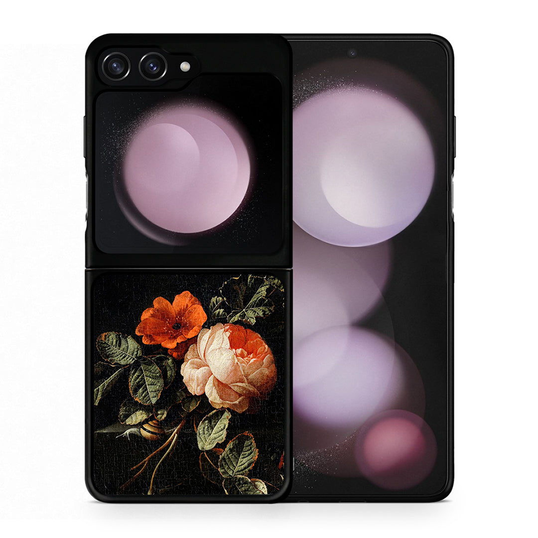 Θήκη Samsung Galaxy Z Flip5 Vintage Roses από τη Smartfits με σχέδιο στο πίσω μέρος και μαύρο περίβλημα | Samsung Galaxy Z Flip5 Vintage Roses case with colorful back and black bezels