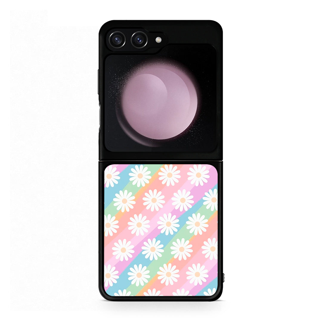 Samsung Galaxy Z Flip5 White Daisies θήκη από τη Smartfits με σχέδιο στο πίσω μέρος και μαύρο περίβλημα | Smartphone case with colorful back and black bezels by Smartfits