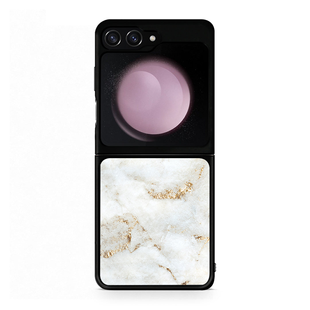 Samsung Galaxy Z Flip5 White Gold Marble θήκη από τη Smartfits με σχέδιο στο πίσω μέρος και μαύρο περίβλημα | Smartphone case with colorful back and black bezels by Smartfits