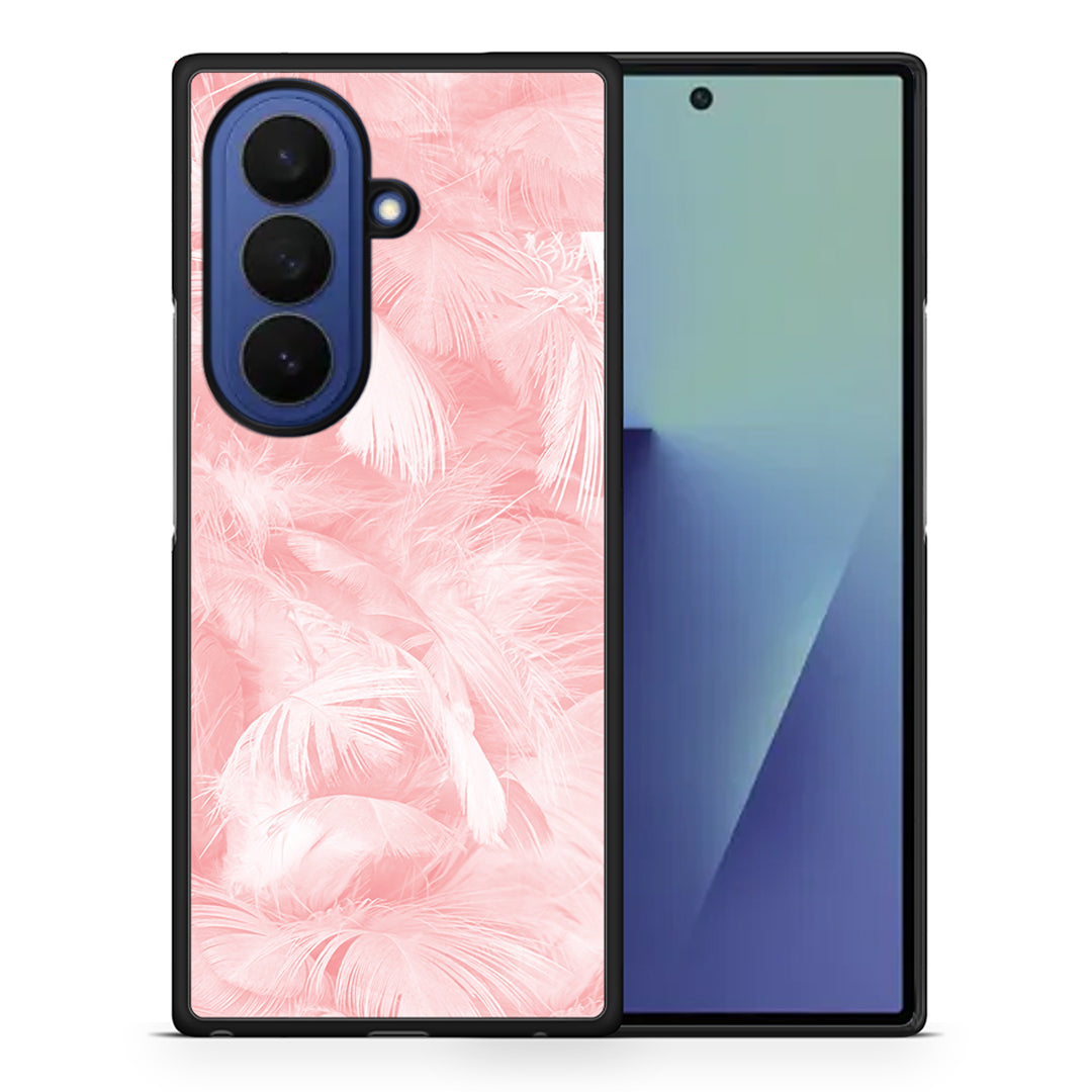 Θήκη Samsung Galaxy Z Fold7 Pink Feather Boho από τη Smartfits με σχέδιο στο πίσω μέρος και μαύρο περίβλημα | Samsung Galaxy Z Fold7 Pink Feather Boho case with colorful back and black bezels