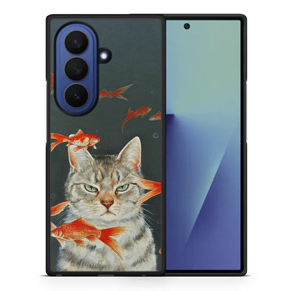 Θήκη Samsung Galaxy Z Fold7 Cat Goldfish από τη Smartfits με σχέδιο στο πίσω μέρος και μαύρο περίβλημα | Samsung Galaxy Z Fold7 Cat Goldfish case with colorful back and black bezels