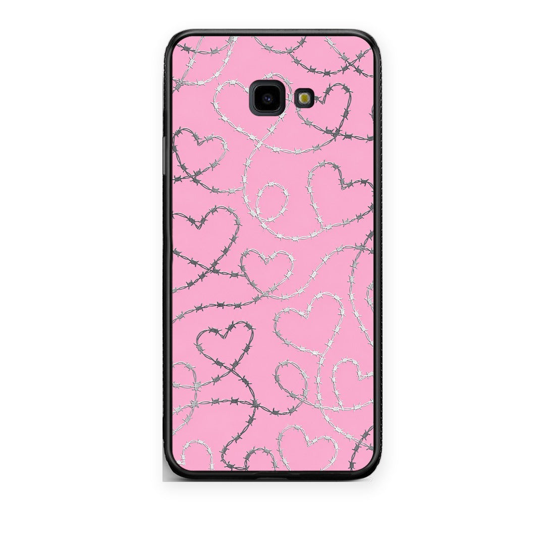Θήκη Samsung Galaxy J4+ Barbed Wire Hearts on Pink από τη Smartfits με σχέδιο στο πίσω μέρος και μαύρο περίβλημα | Samsung Galaxy J4+ Barbed Wire Hearts on Pink case with colorful back and black bezels