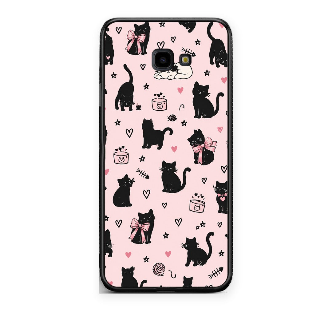 Θήκη Samsung Galaxy J4+ Black Cat Doodles on Pink από τη Smartfits με σχέδιο στο πίσω μέρος και μαύρο περίβλημα | Samsung Galaxy J4+ Black Cat Doodles on Pink case with colorful back and black bezels