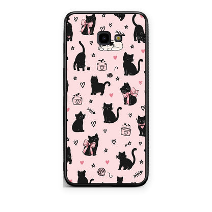 Θήκη Samsung Galaxy J4+ Black Cat Doodles on Pink από τη Smartfits με σχέδιο στο πίσω μέρος και μαύρο περίβλημα | Samsung Galaxy J4+ Black Cat Doodles on Pink case with colorful back and black bezels