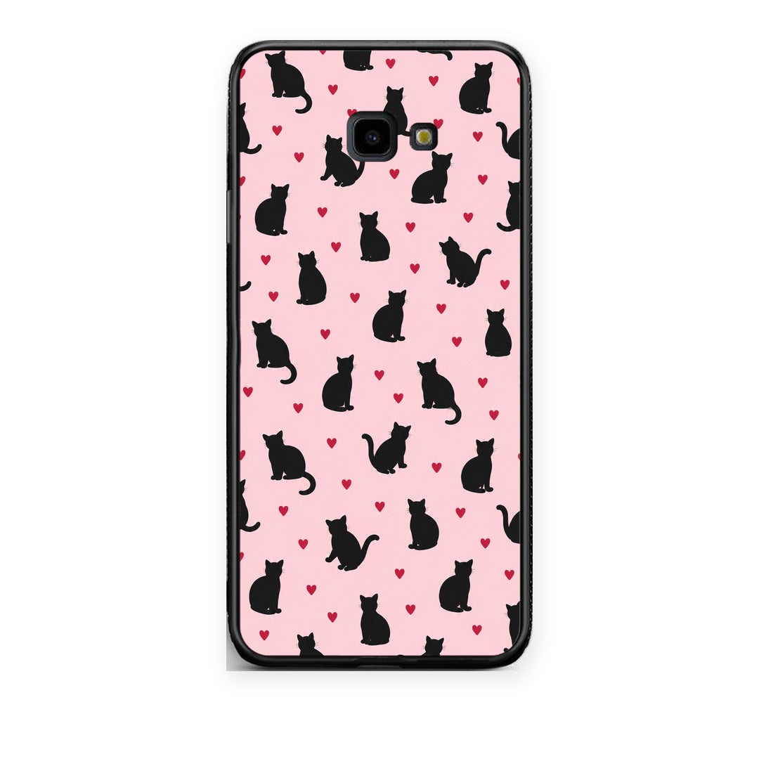 Θήκη Samsung Galaxy J4+ Black Cat Silhouettes and Hearts on Pink από τη Smartfits με σχέδιο στο πίσω μέρος και μαύρο περίβλημα | Samsung Galaxy J4+ Black Cat Silhouettes and Hearts on Pink case with colorful back and black bezels