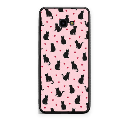 Θήκη Samsung Galaxy J4+ Black Cat Silhouettes and Hearts on Pink από τη Smartfits με σχέδιο στο πίσω μέρος και μαύρο περίβλημα | Samsung Galaxy J4+ Black Cat Silhouettes and Hearts on Pink case with colorful back and black bezels