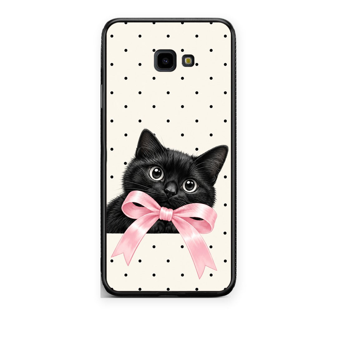 Θήκη Samsung Galaxy J4+ Black Kitten Pink Bow and Polka Dots από τη Smartfits με σχέδιο στο πίσω μέρος και μαύρο περίβλημα | Samsung Galaxy J4+ Black Kitten Pink Bow and Polka Dots case with colorful back and black bezels