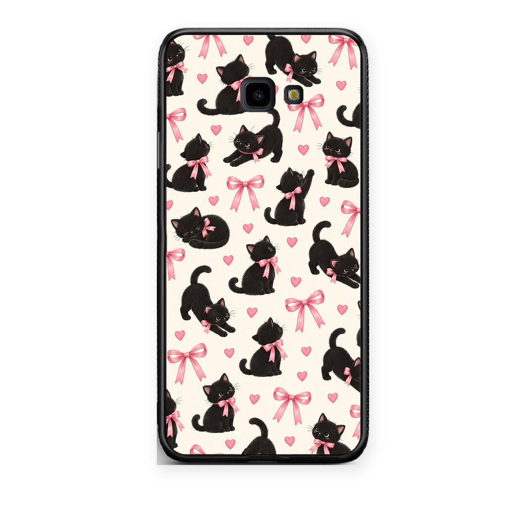 Θήκη Samsung Galaxy J4+ Black Kittens and Pink Bows on Cream Small από τη Smartfits με σχέδιο στο πίσω μέρος και μαύρο περίβλημα | Samsung Galaxy J4+ Black Kittens and Pink Bows on Cream Small case with colorful back and black bezels