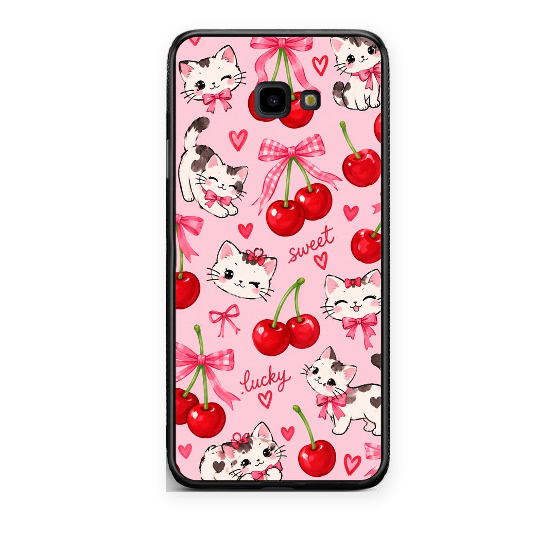 Θήκη Samsung Galaxy J4+ Cherries Bows and Kittens on Pink από τη Smartfits με σχέδιο στο πίσω μέρος και μαύρο περίβλημα | Samsung Galaxy J4+ Cherries Bows and Kittens on Pink case with colorful back and black bezels